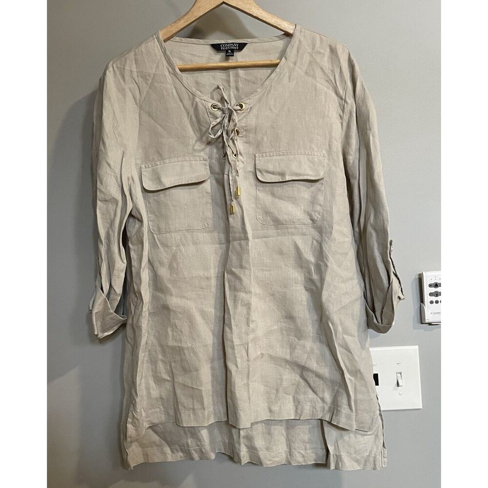 Ellen Tracy Top Linen Tunic‎ Lace Up Neckline Boho Peasant Womens XL Lagenlook
